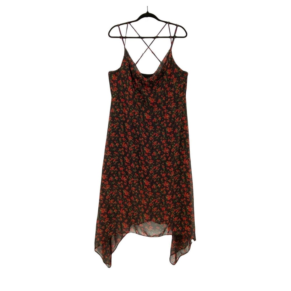 Black Red Rose Floral Slip Dress Criss Cross Back XXL Romantic Grunge Whimsigoth